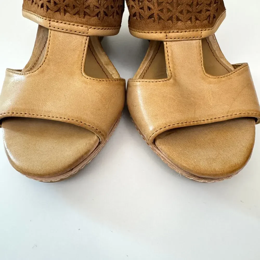 Trask Womens Payton Perforated Wedge Sandals Size 6.5 Leather Boho Minimal Tan